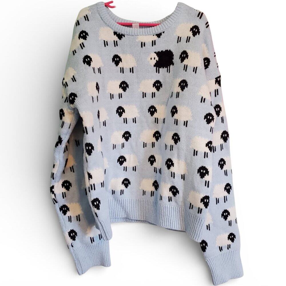 Franki by Francesca's Ligh Blue Black Sheep Crew Neck Sweater Size 14